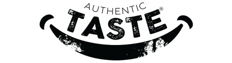 Authentic Taste logo with stylized smile design.