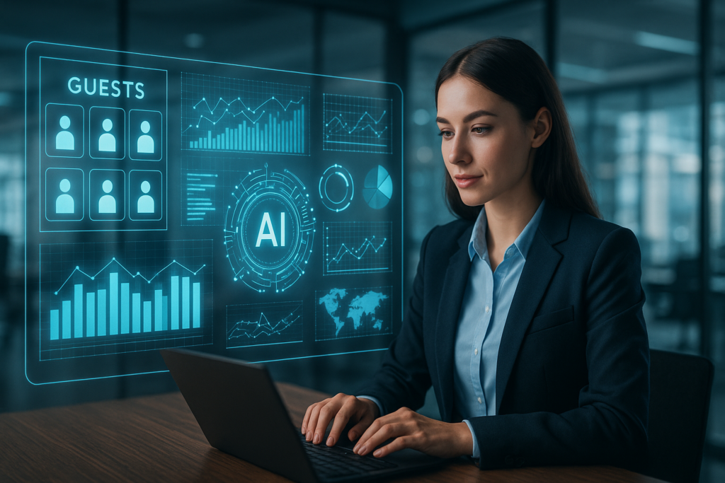 Professional woman analyzing AI data and graphs on a laptop in a modern office setting.