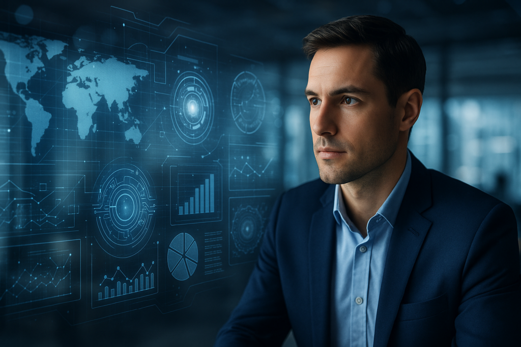 A serious man in a suit examines data visualizations and analytics in a modern office setting.
