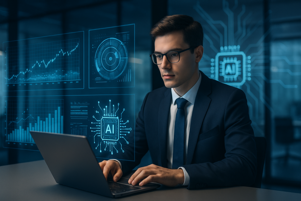 Business professional analyzing AI data on a laptop with graphs and digital interfaces in a modern office setting.