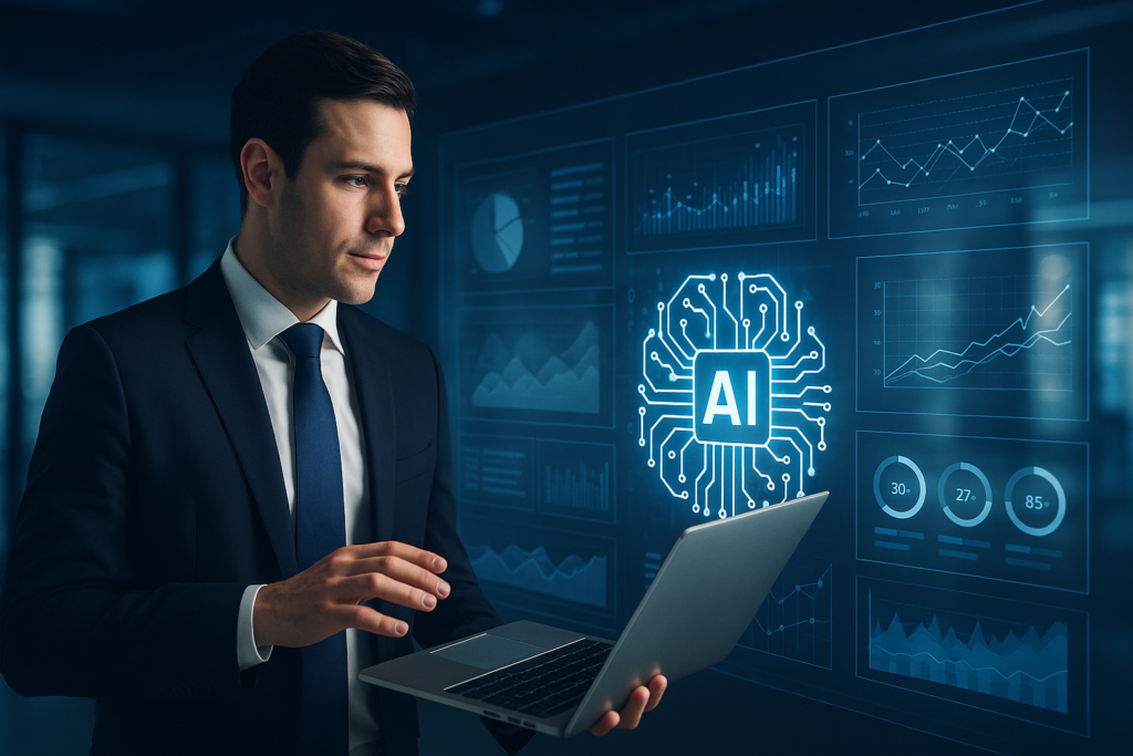 Business professional analyzing data on a laptop with AI graphics and charts in a modern office setting.