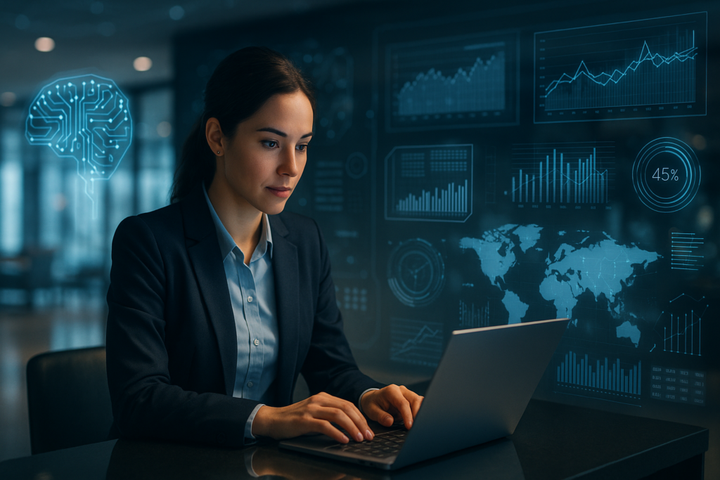 A professional woman analyzes data on a laptop, with digital charts and a brain graphic in the background.