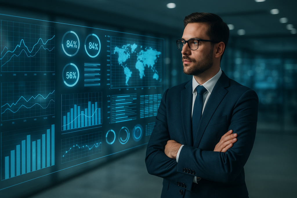 A business professional analyzes data visualizations on a digital screen in a modern office setting.